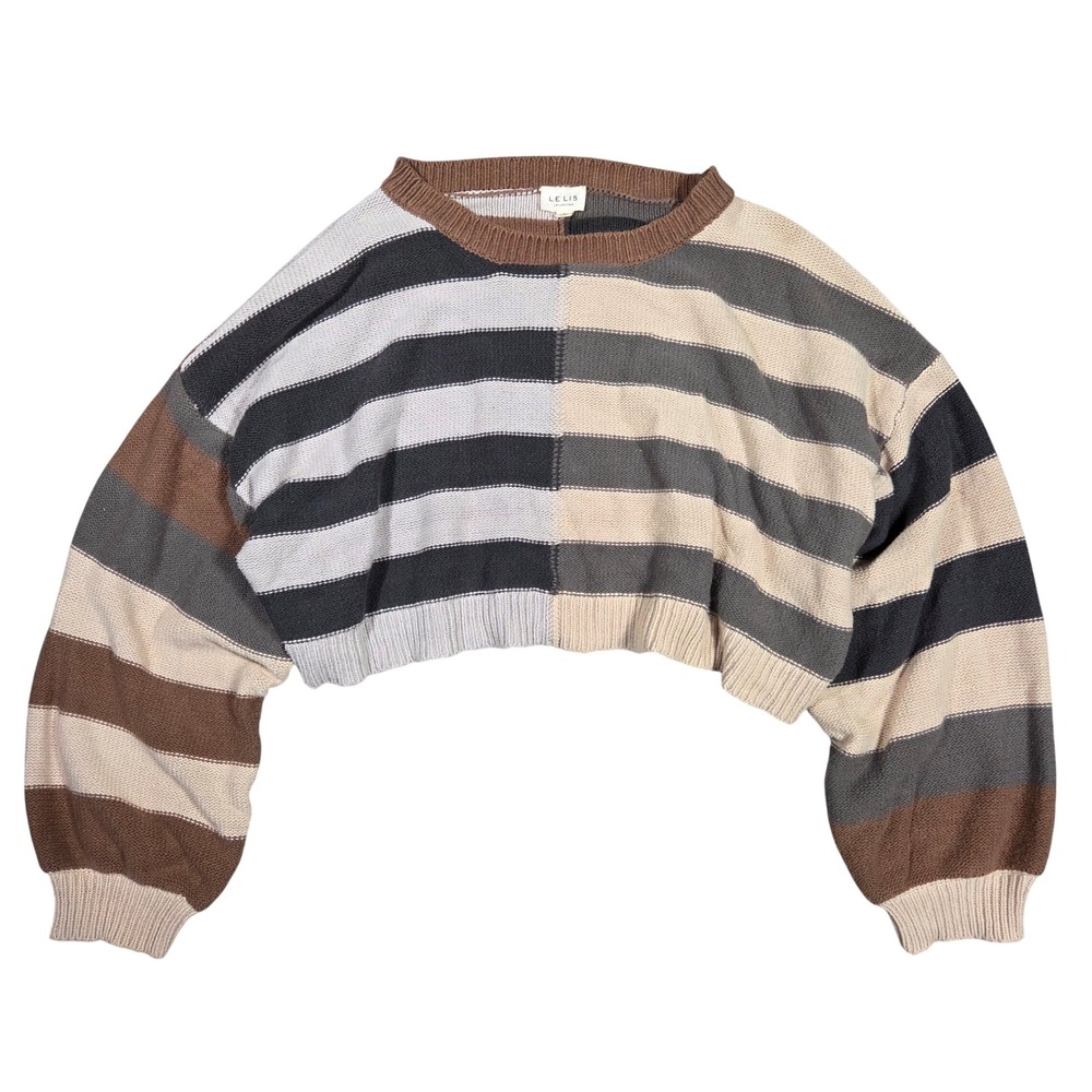 Le Lis Collection Womens Large Cropped Striped Colorblock Balloon Sleeve Sweater